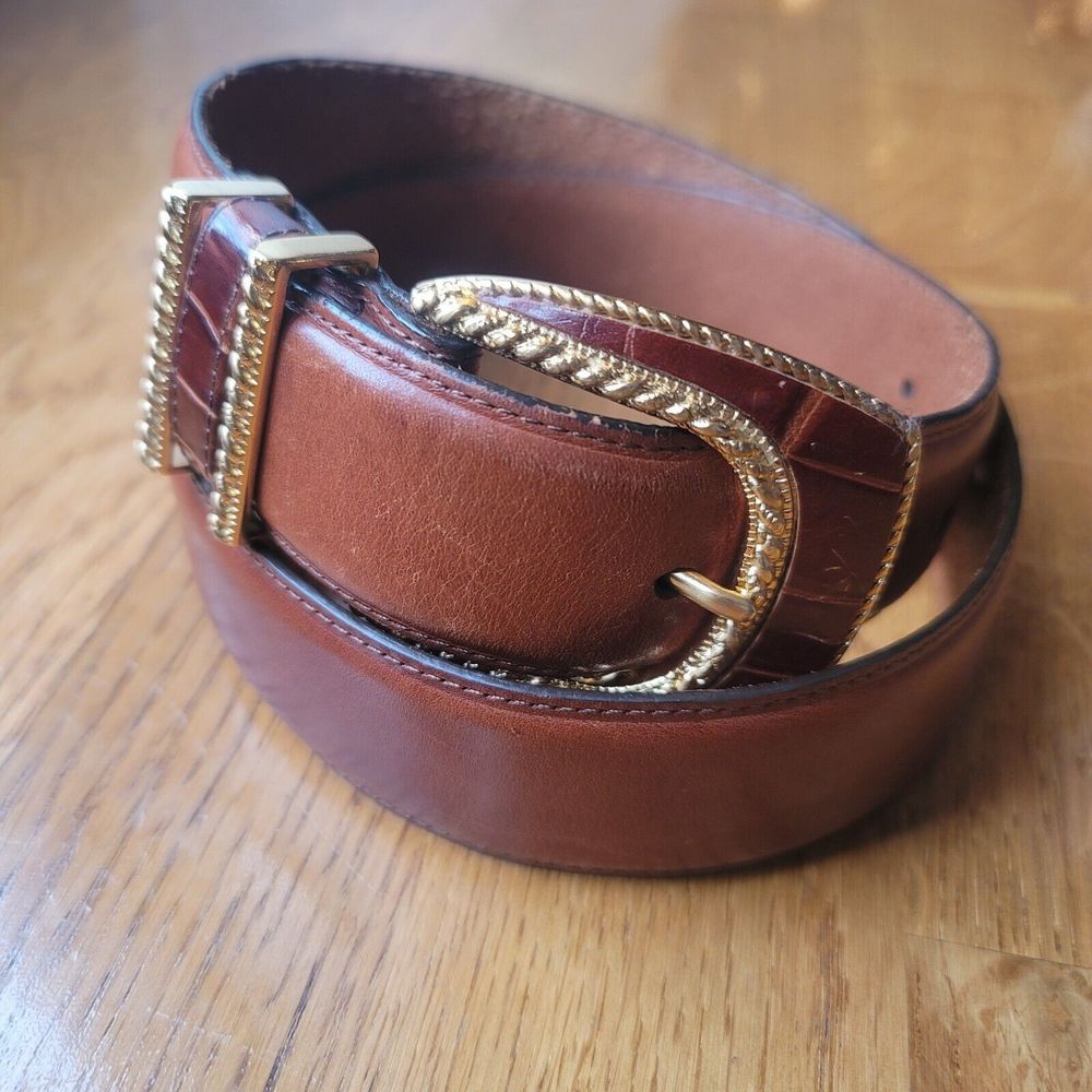 Brighton Classic Solid Brown Leather Belt Gold Buckle Size L - Picture 4 of 9